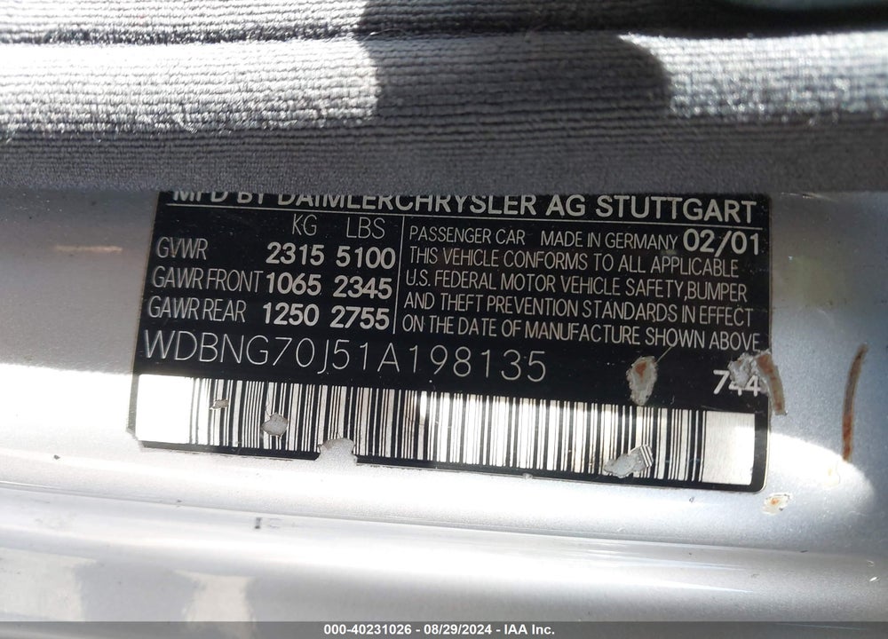 2001 MERCEDES-BENZ S 430 VIN: WDBNG70J51A198135