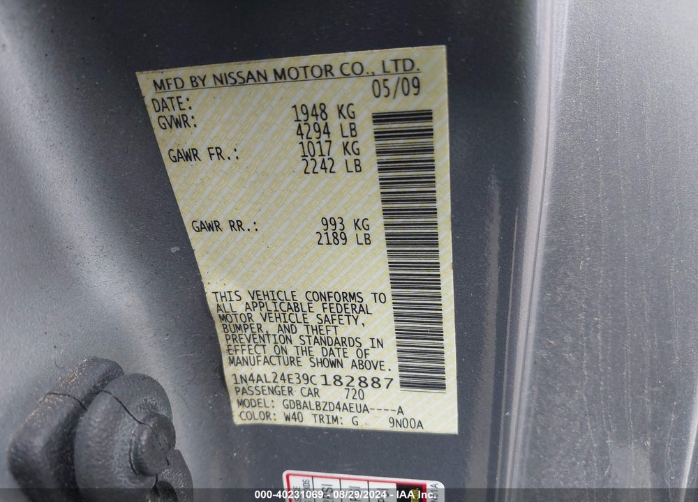 2009 NISSAN ALTIMA 2.5 S VIN: 1N4AL24E39C182887