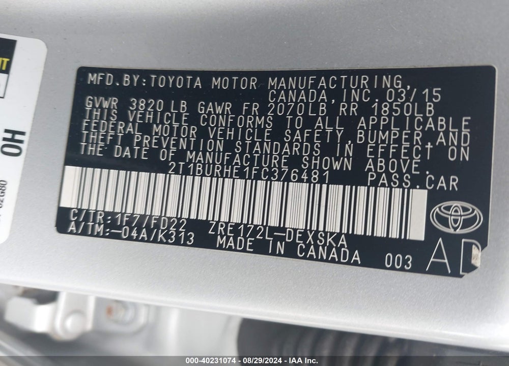 2015 TOYOTA COROLLA S PLUS VIN: 2T1BURHE1FC376481