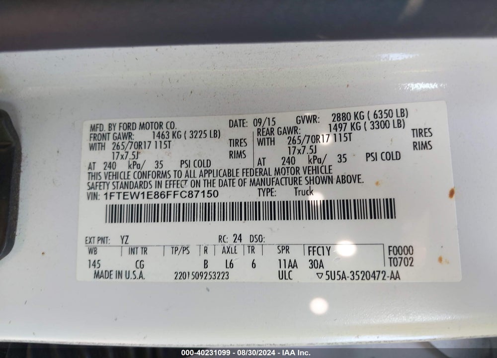 2015 FORD F-150 XL VIN: 1FTEW1E86FFC87150