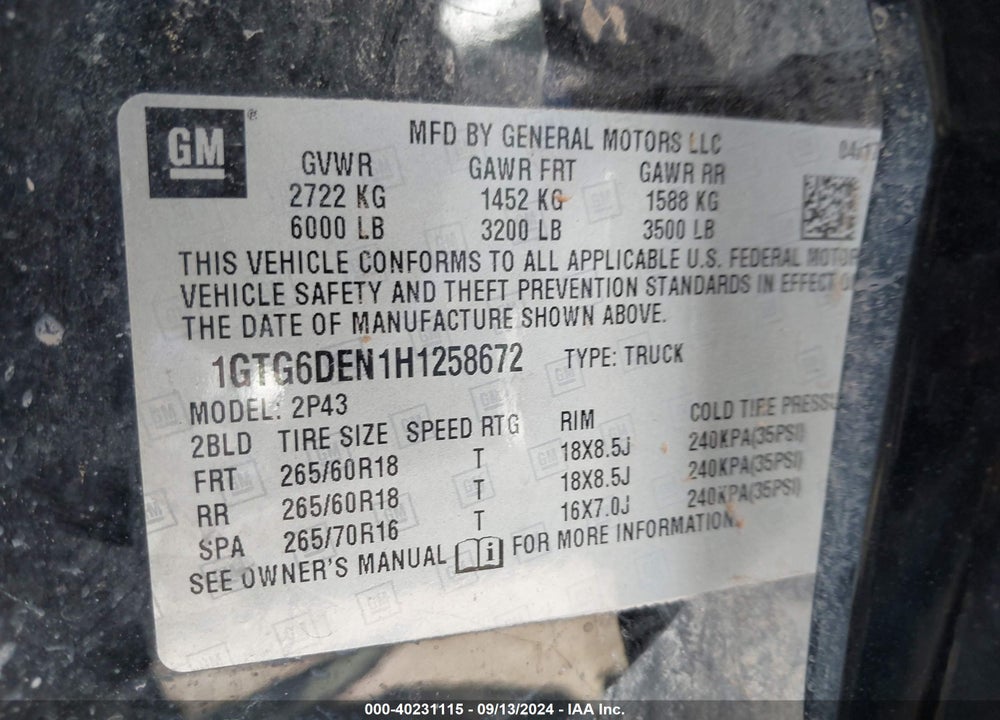 2017 GMC CANYON SLT VIN: 1GTG6DEN1H1258672