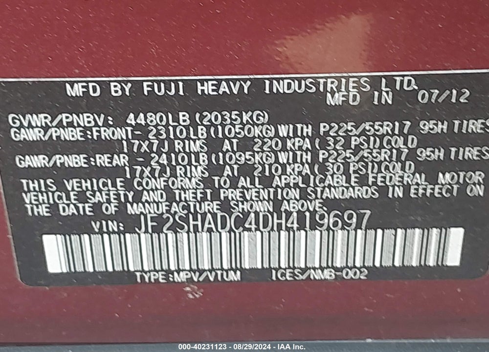 2013 SUBARU FORESTER 2.5X PREMIUM VIN: JF2SHADC4DH419697
