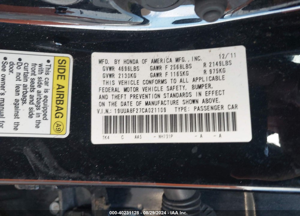 2012 ACURA TL 3.5 VIN: 19UUA8F27CA021109