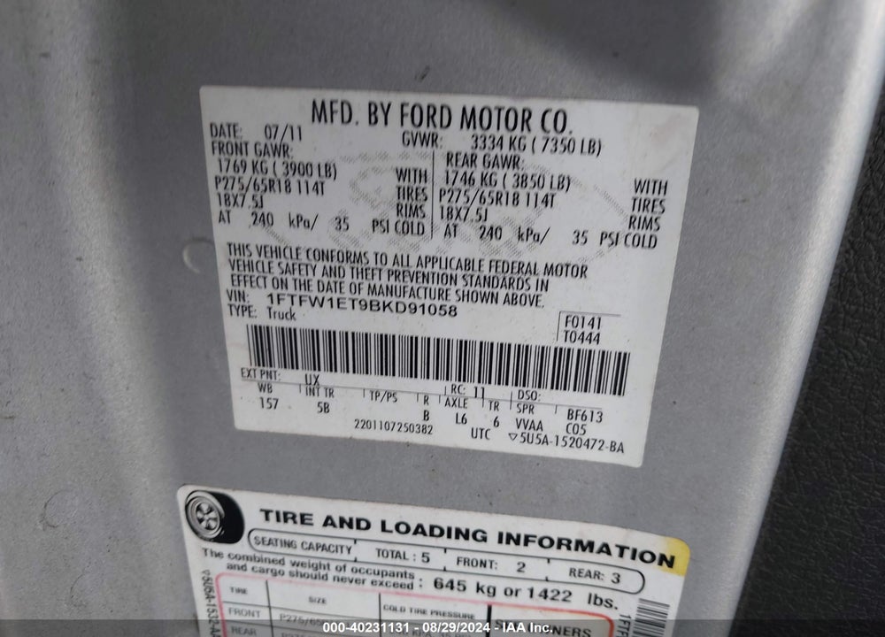 2011 FORD F-150 FX4 VIN: 1FTFW1ET9BKD91058