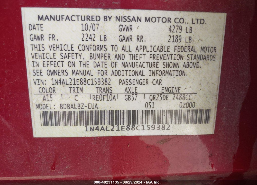 2008 NISSAN ALTIMA 2.5 S VIN: 1N4AL21E88C159382