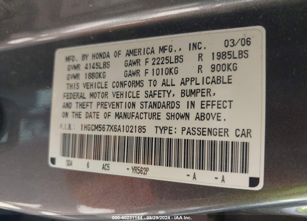2006 HONDA ACCORD 2.4 EX VIN: 1HGCM567X6A102185