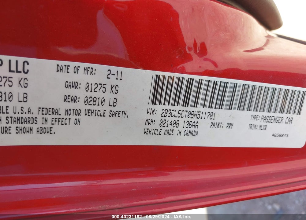 2011 DODGE CHARGER R/T VIN: 2B3CL5CT0BH511781