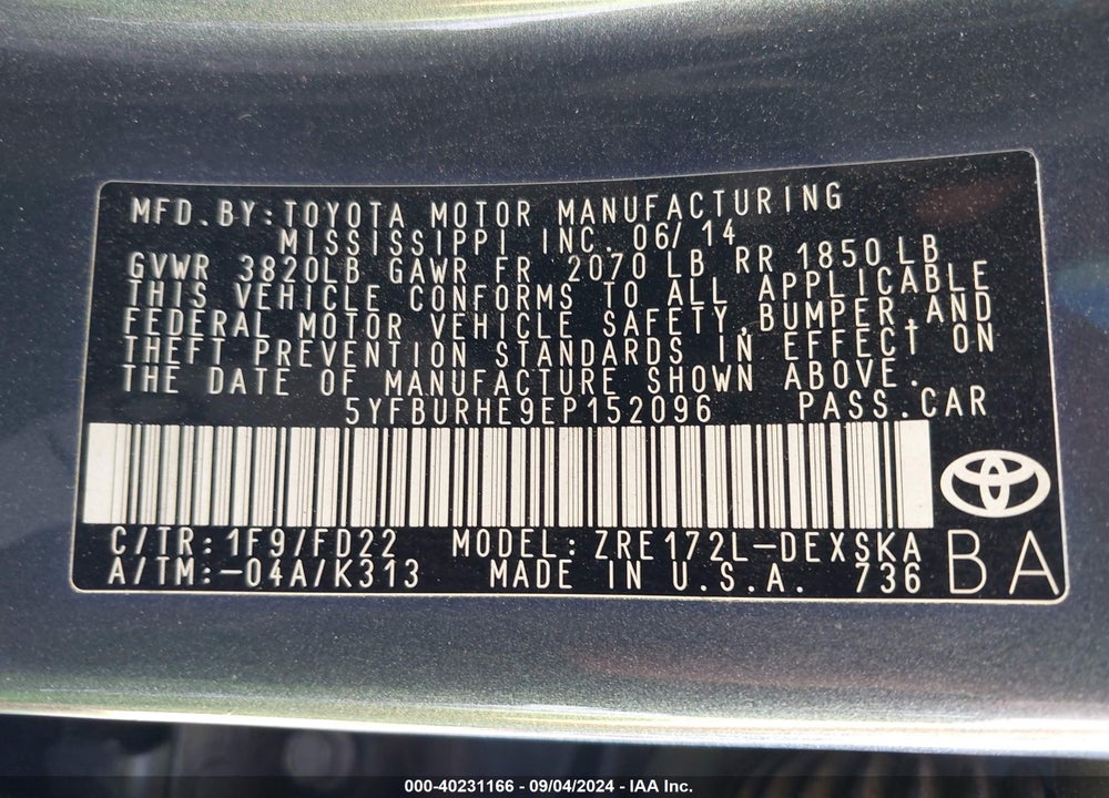 2014 TOYOTA COROLLA S PLUS VIN: 5YFBURHE9EP152096