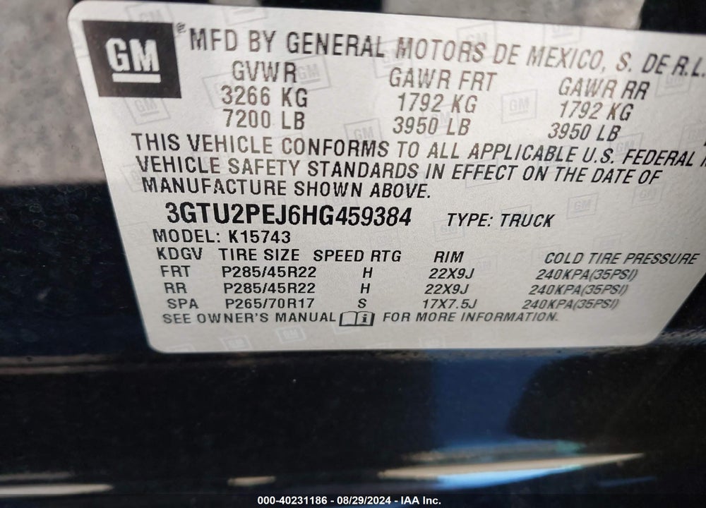 2017 GMC SIERRA 1500 DENALI VIN: 3GTU2PEJ6HG459384