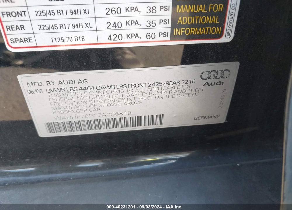 2007 AUDI A3 2.0T VIN: WAUHF78P47A006848