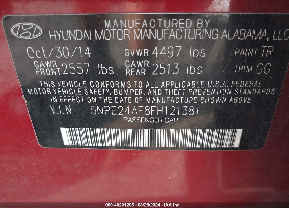 2015 HYUNDAI SONATA SE VIN: 5NPE24AF8FH121381