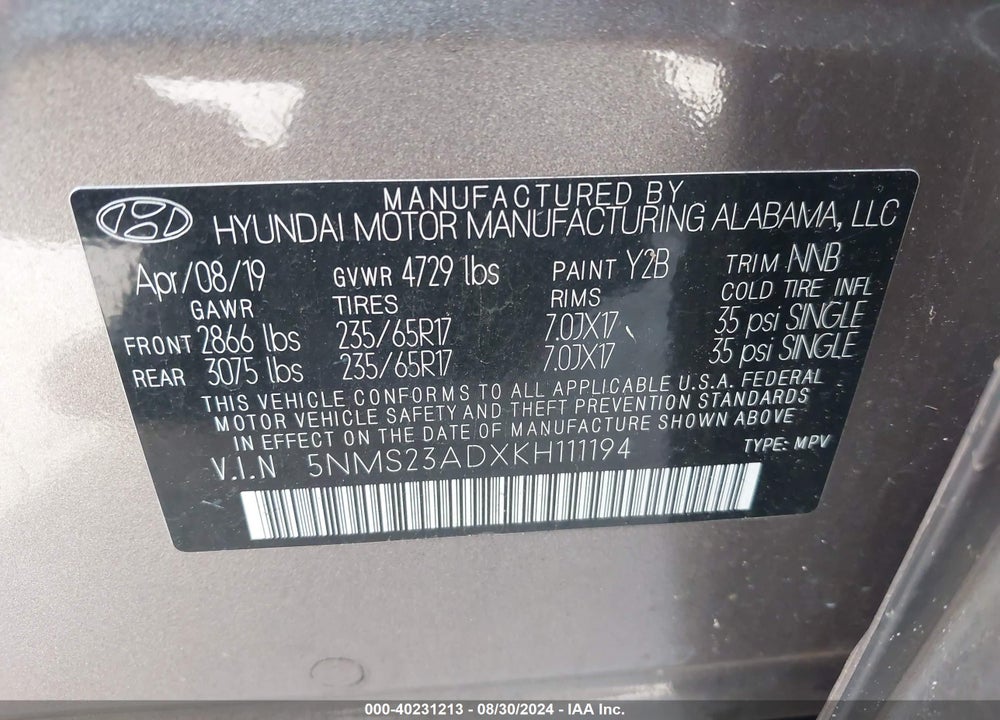 2019 HYUNDAI SANTA FE SE VIN: 5NMS23ADXKH111194