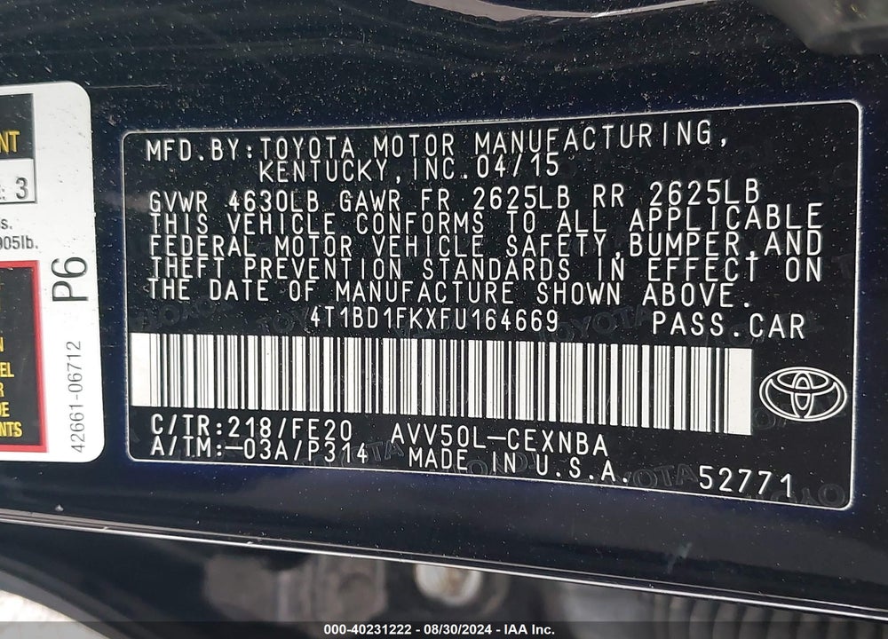 2015 TOYOTA CAMRY HYBRID LE VIN: 4T1BD1FKXFU164669