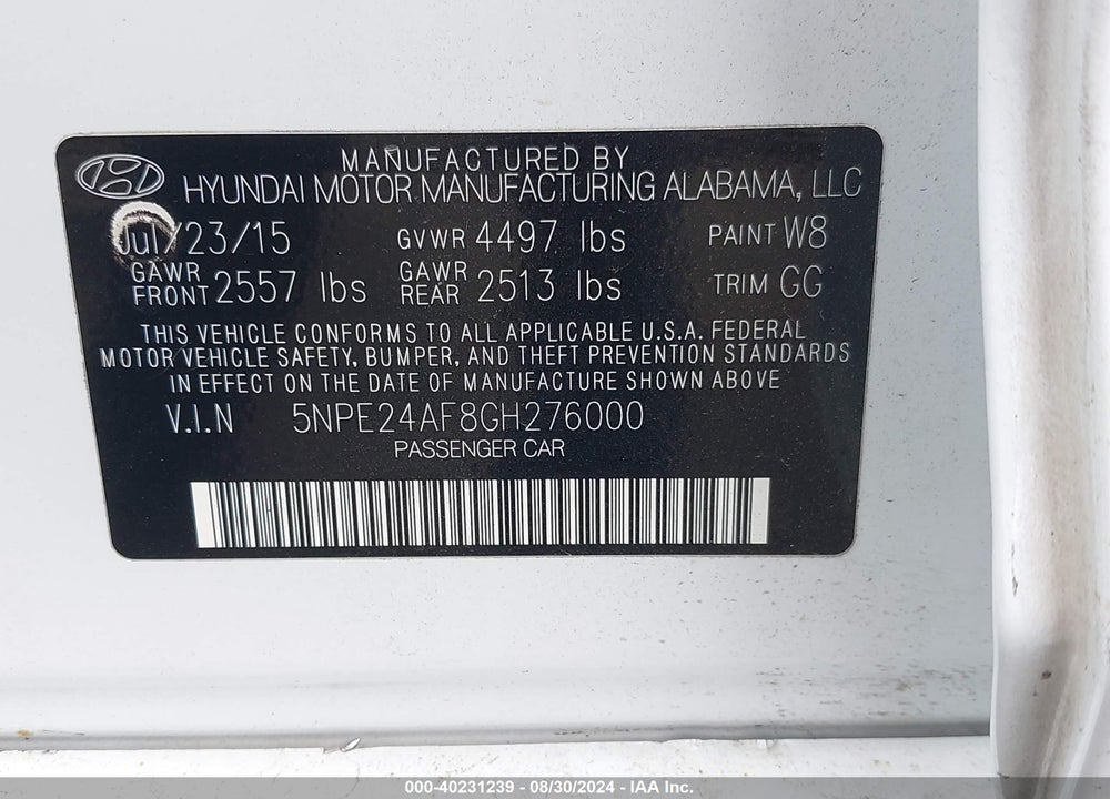 2016 HYUNDAI SONATA SE VIN: 5NPE24AF8GH276000