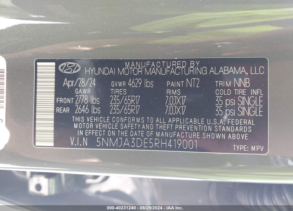 2024 HYUNDAI TUCSON SE VIN: 5NMJA3DE5RH419001