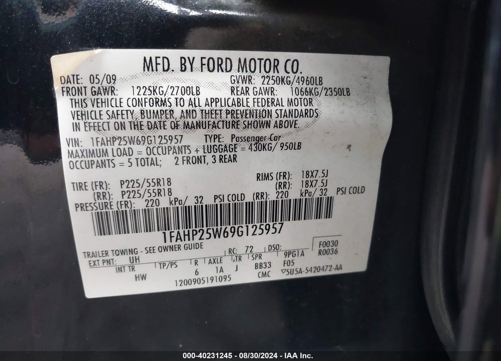 2009 FORD TAURUS LIMITED VIN: 1FAHP25W69G125957