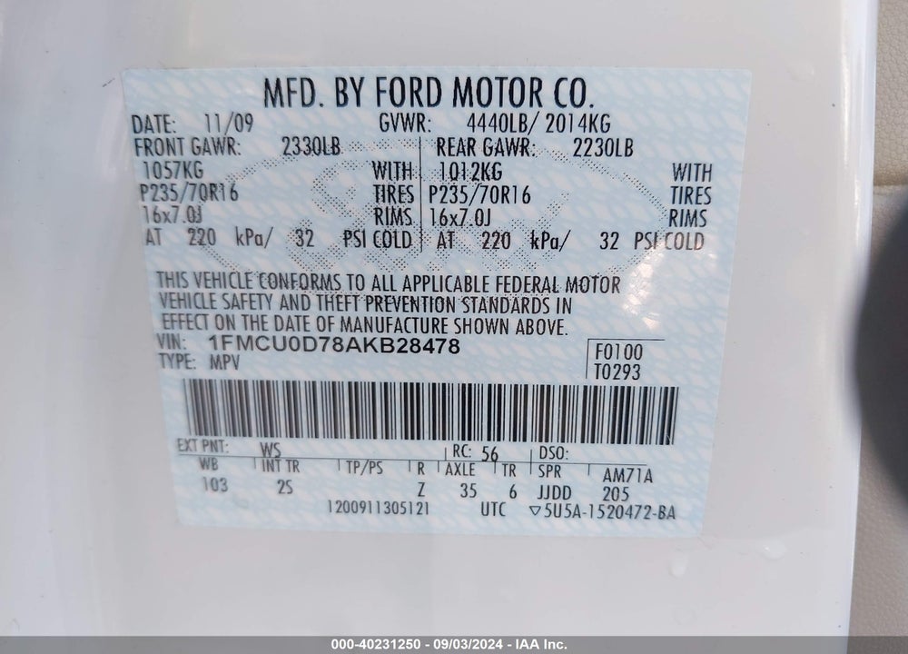 2010 FORD ESCAPE VIN: 1FMCU0D78AKB28478