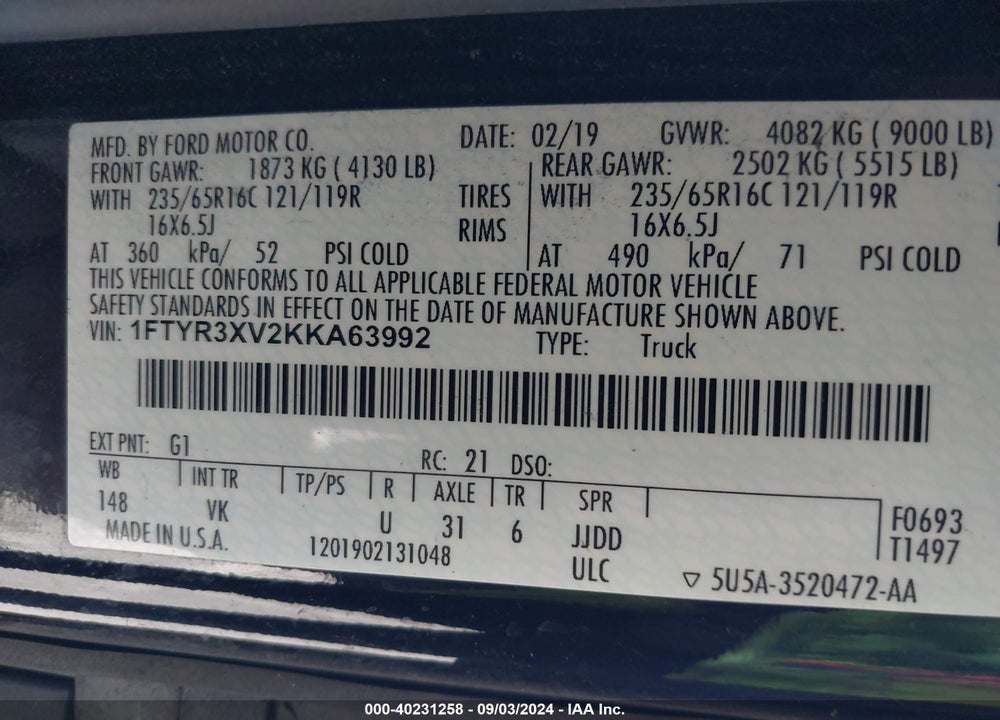 2019 FORD TRANSIT-250 VIN: 1FTYR3XV2KKA63992