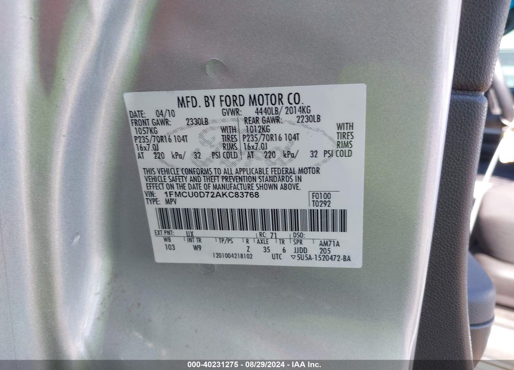 2010 FORD ESCAPE XLT VIN: 1FMCU0D72AKC83768