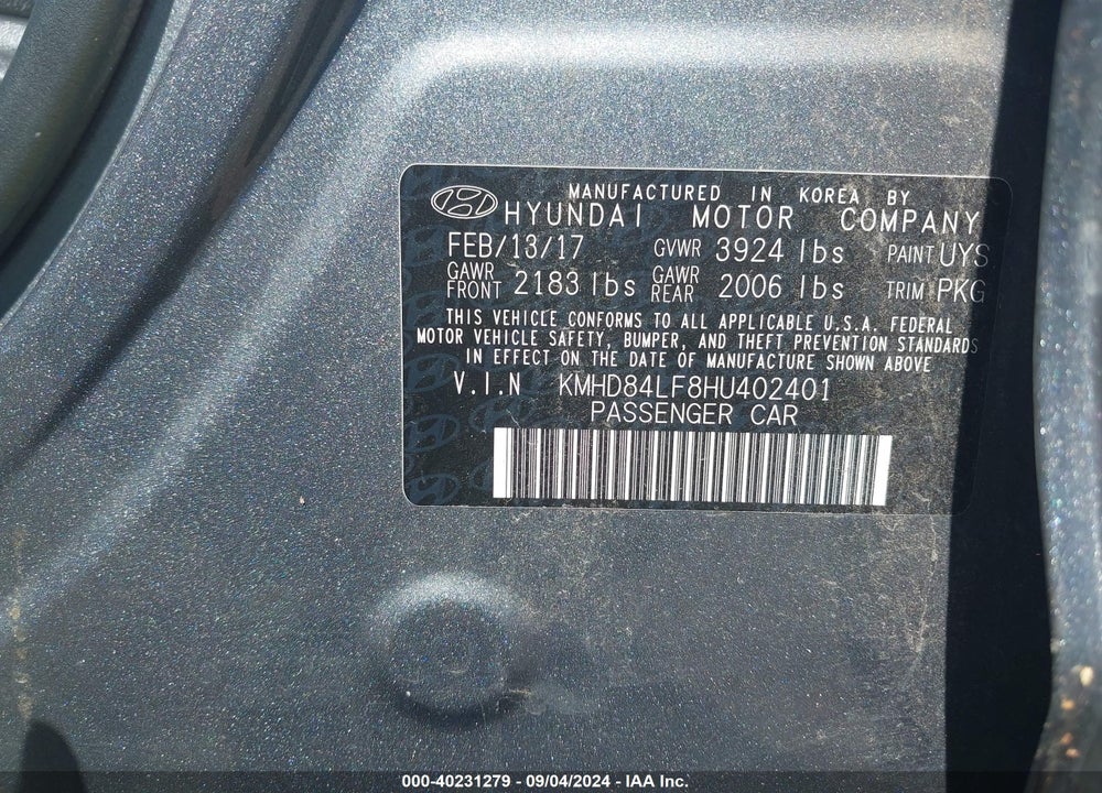 2017 HYUNDAI ELANTRA SE VIN: KMHD84LF8HU402401
