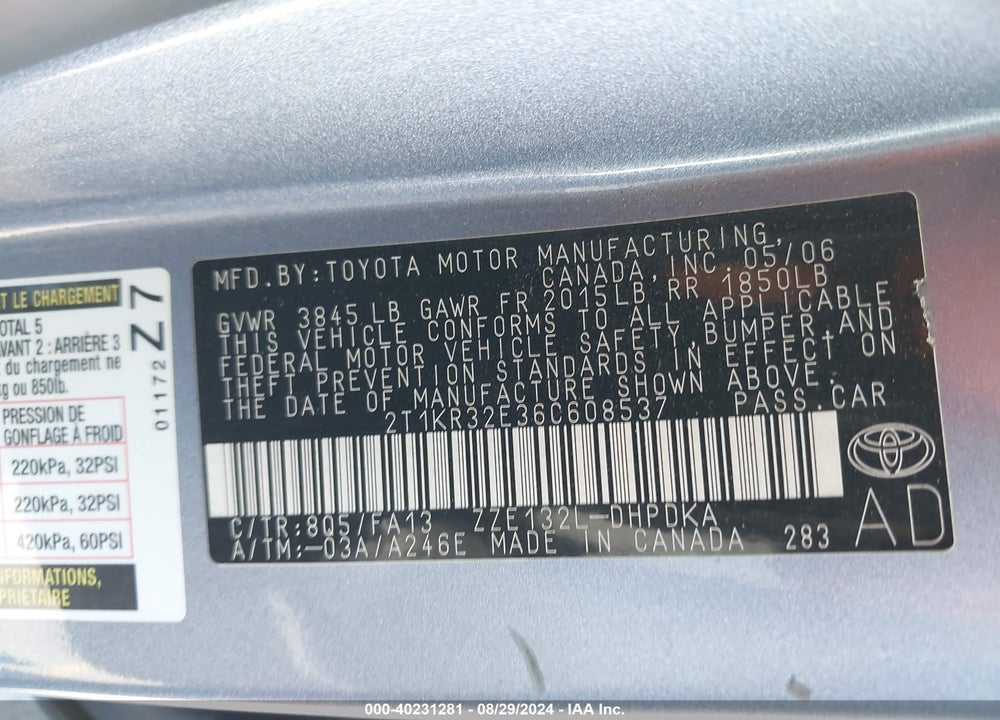 2006 TOYOTA MATRIX VIN: 2T1KR32E36C608537