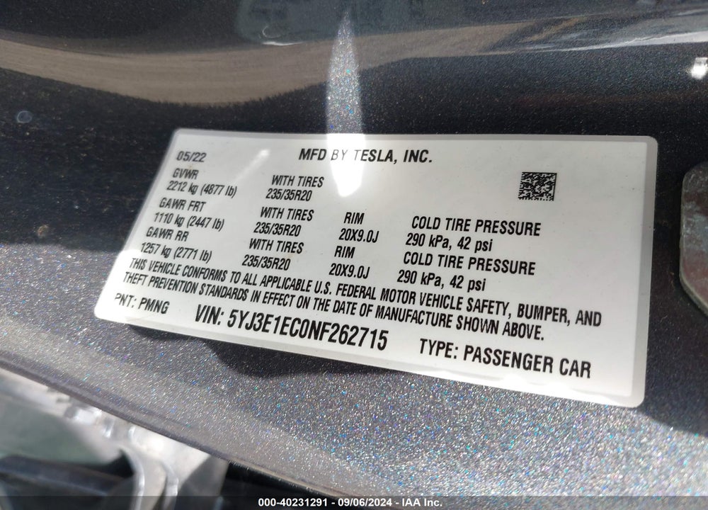 2022 TESLA MODEL 3 PERFORMANCE DUAL MOTOR ALL-WHEEL DRIVE VIN: 5YJ3E1EC0NF262715