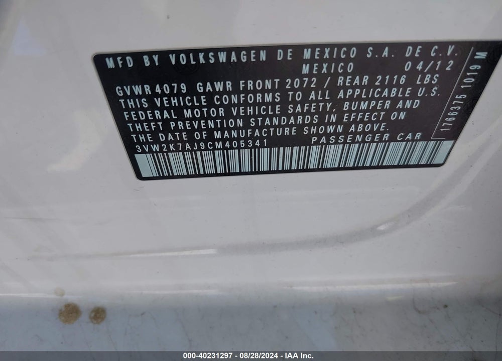2012 VOLKSWAGEN JETTA 2.0L S VIN: 3VW2K7AJ9CM405341