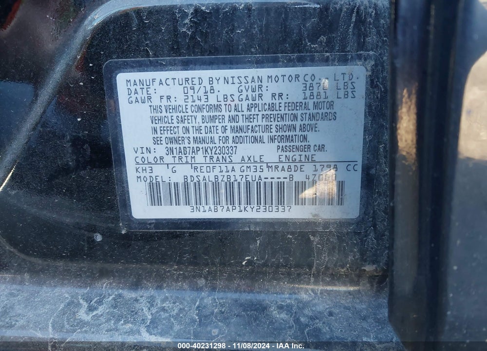 2019 NISSAN SENTRA S VIN: 3N1AB7AP1KY230337