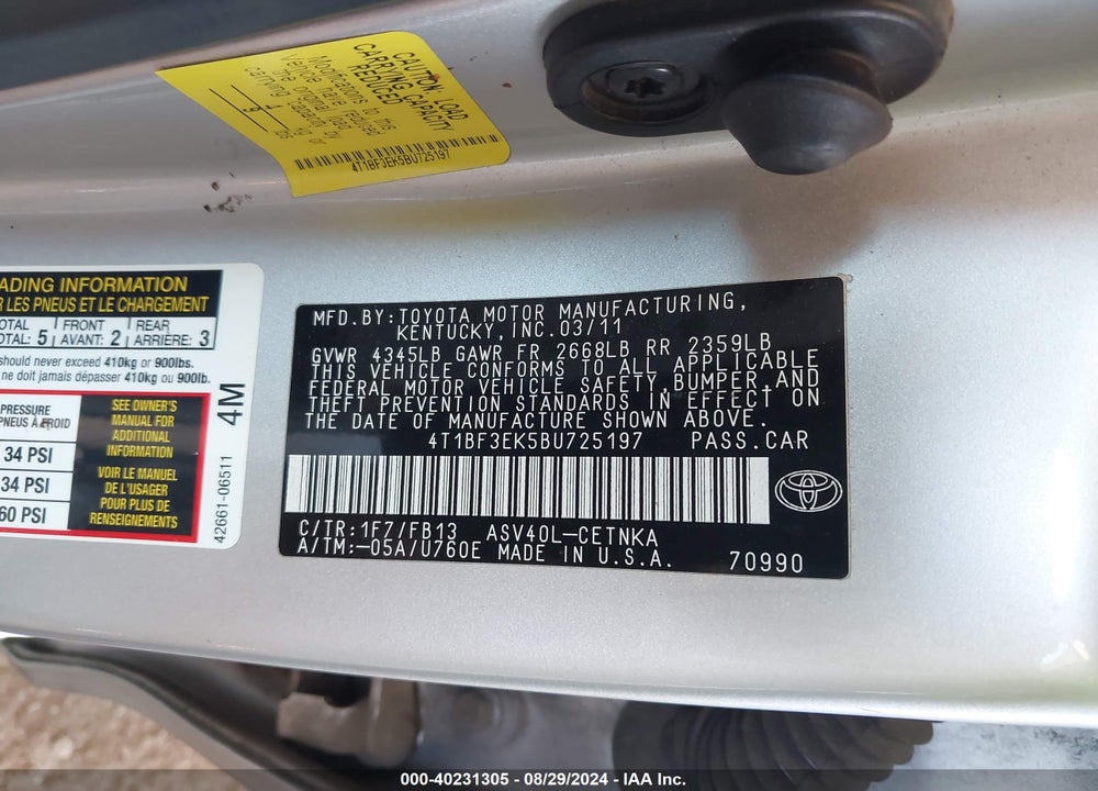2011 TOYOTA CAMRY LE VIN: 4T1BF3EK5BU725197
