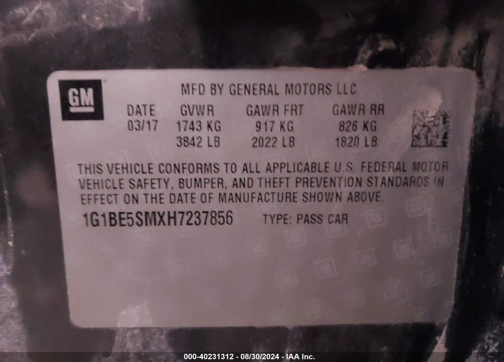 2017 CHEVROLET CRUZE LT AUTO VIN: 1G1BE5SMXH7237856