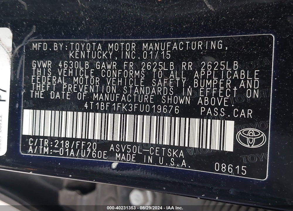 2015 TOYOTA CAMRY SE VIN: 4T1BF1FK3FU019676
