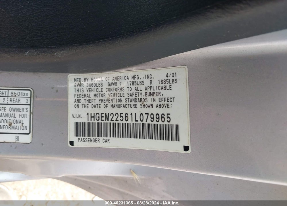 2001 HONDA CIVIC LX VIN: 1HGEM22561L079965