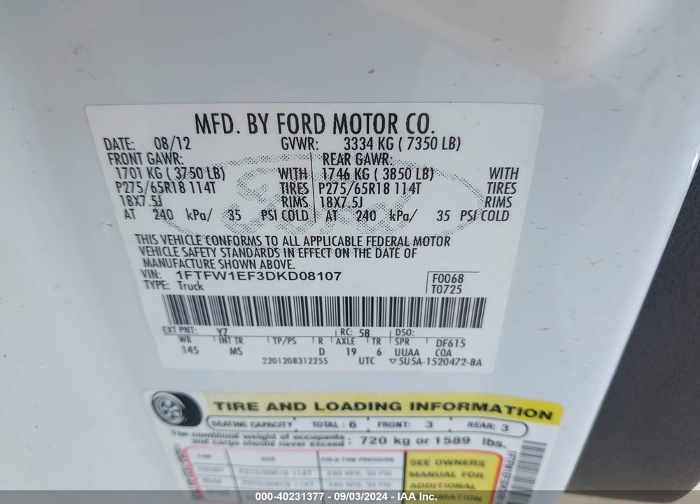 2013 FORD F-150 XLT VIN: 1FTFW1EF3DKD08107