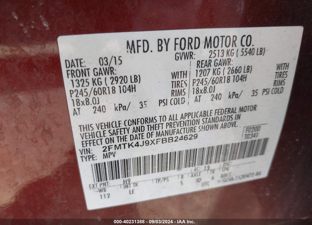 2015 FORD EDGE SEL VIN: 2FMTK4J9XFBB24629