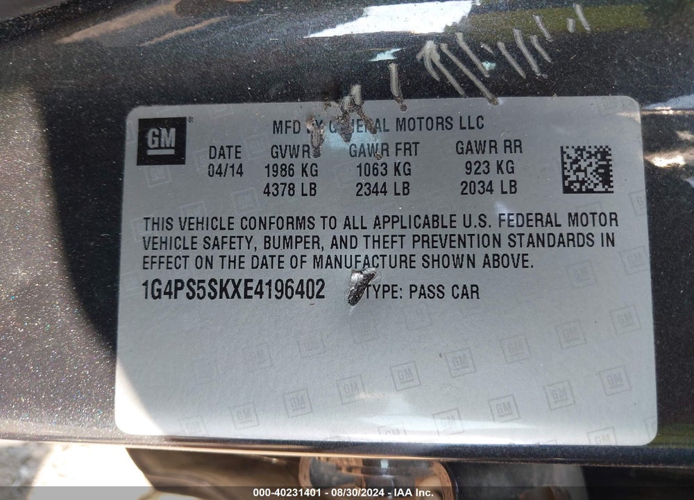 2014 BUICK VERANO LEATHER GROUP VIN: 1G4PS5SKXE4196402