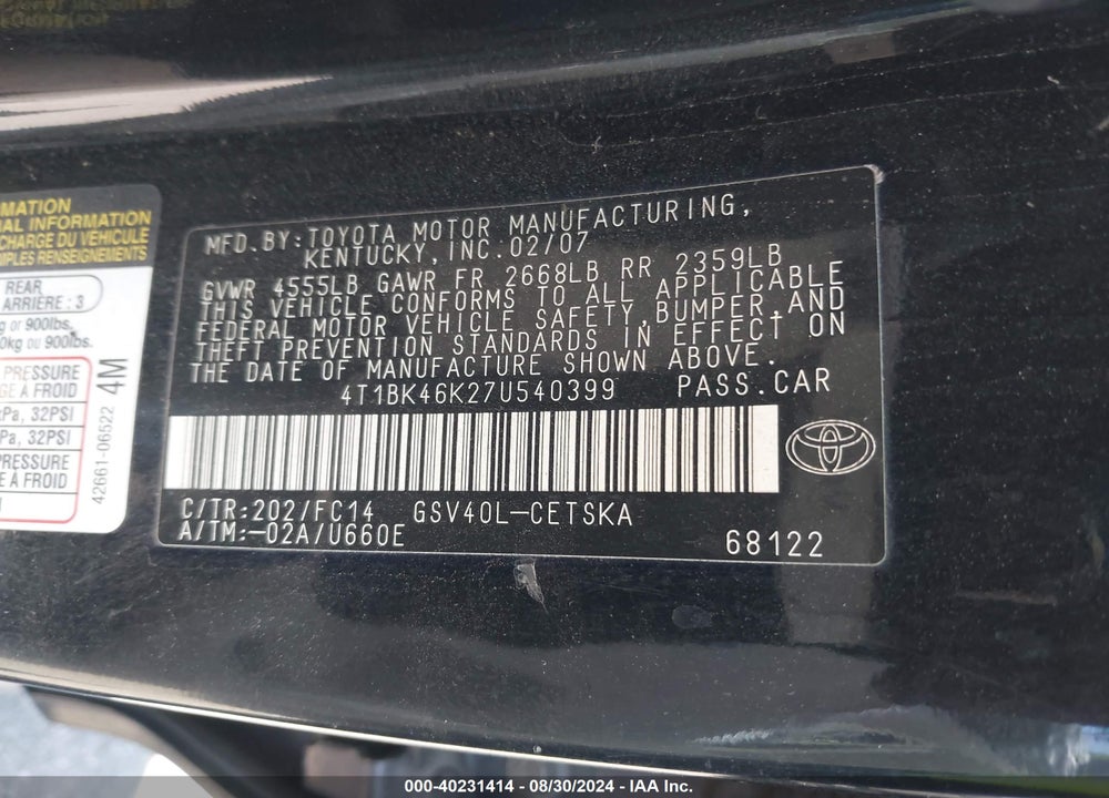 2007 TOYOTA CAMRY SE V6 VIN: 4T1BK46K27U540399