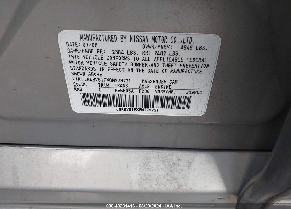 2008 INFINITI G35X VIN: JNKBV61FX8M279721