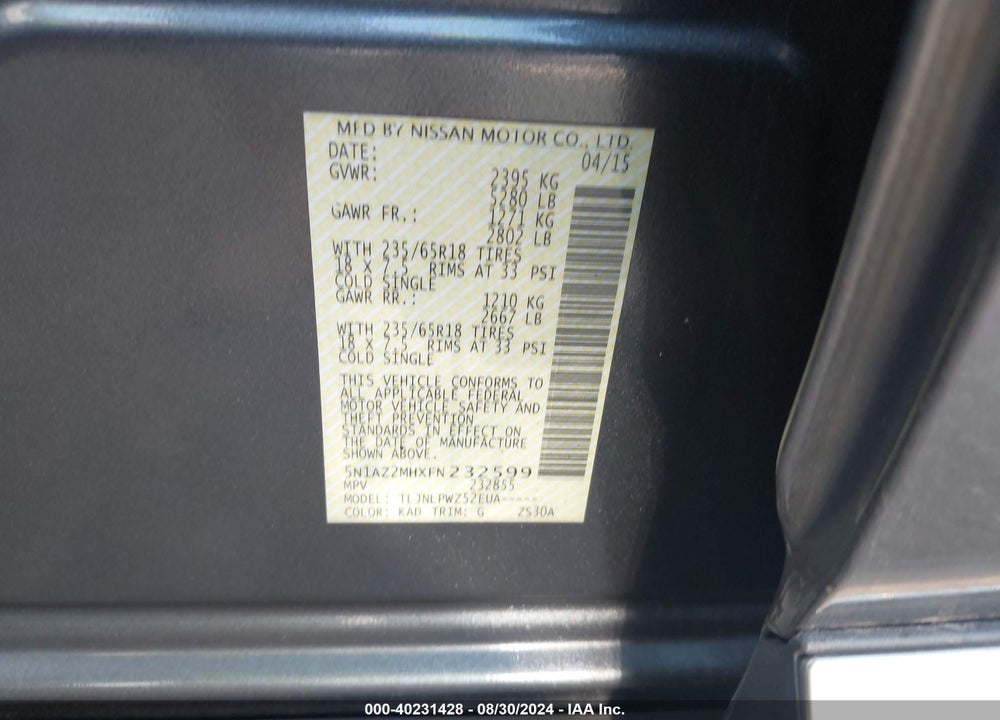 2015 NISSAN MURANO S VIN: 5N1AZ2MHXFN232599