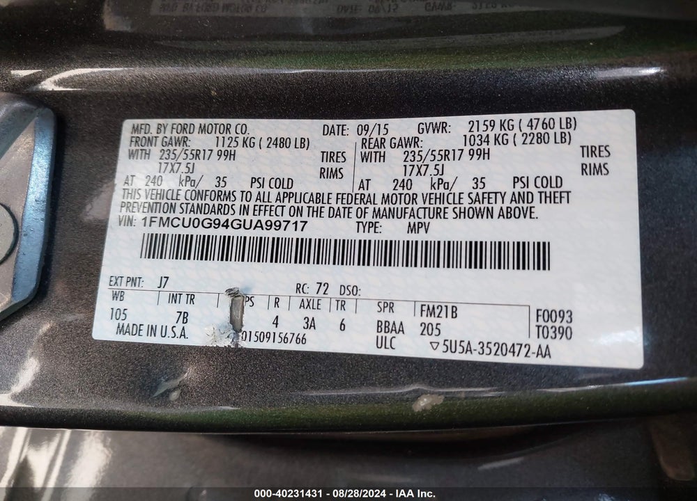 2016 FORD ESCAPE SE VIN: 1FMCU0G94GUA99717