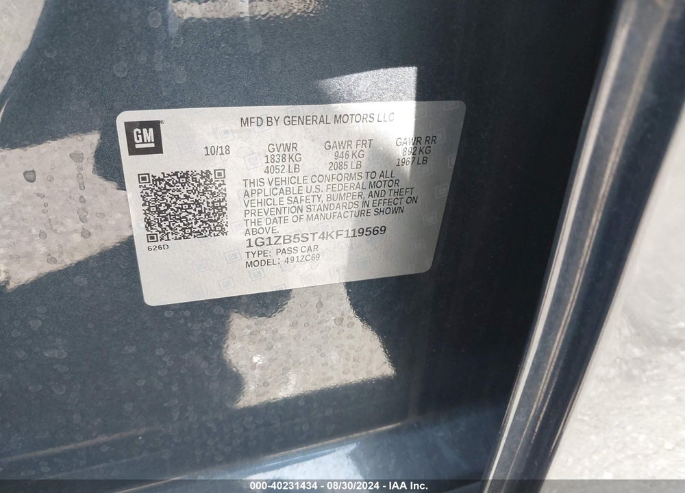 2019 CHEVROLET MALIBU 1LS VIN: 1G1ZB5ST4KF119569