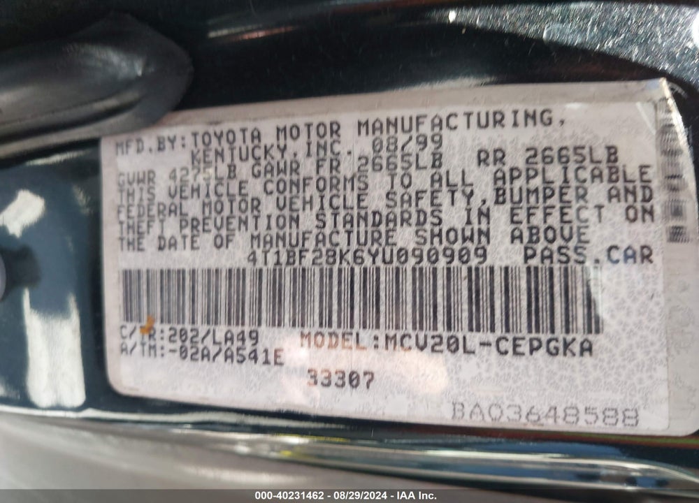 2000 TOYOTA CAMRY VIN: 4T1BF28K6YU090909
