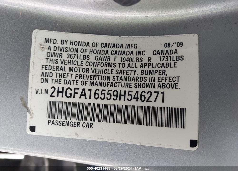 2009 HONDA CIVIC LX VIN: 2HGFA16559H546271