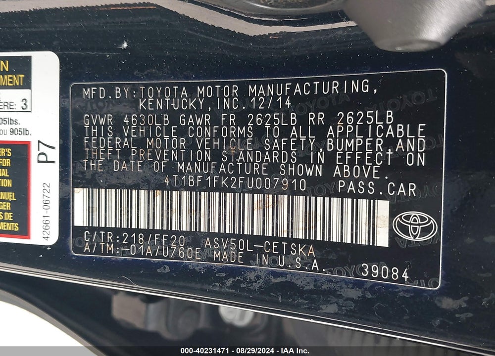 2015 TOYOTA CAMRY SE VIN: 4T1BF1FK2FU007910