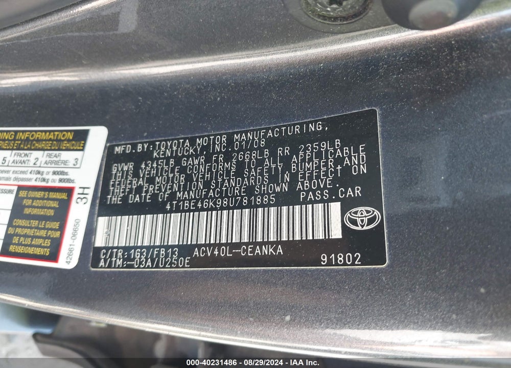 2008 TOYOTA CAMRY LE VIN: 4T1BE46K98U781885