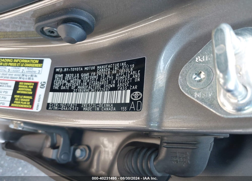 2019 TOYOTA COROLLA LE VIN: 2T1BURHE3KC232697