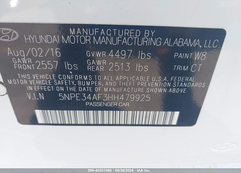 2017 HYUNDAI SONATA SPORT VIN: 5NPE34AF3HH479925