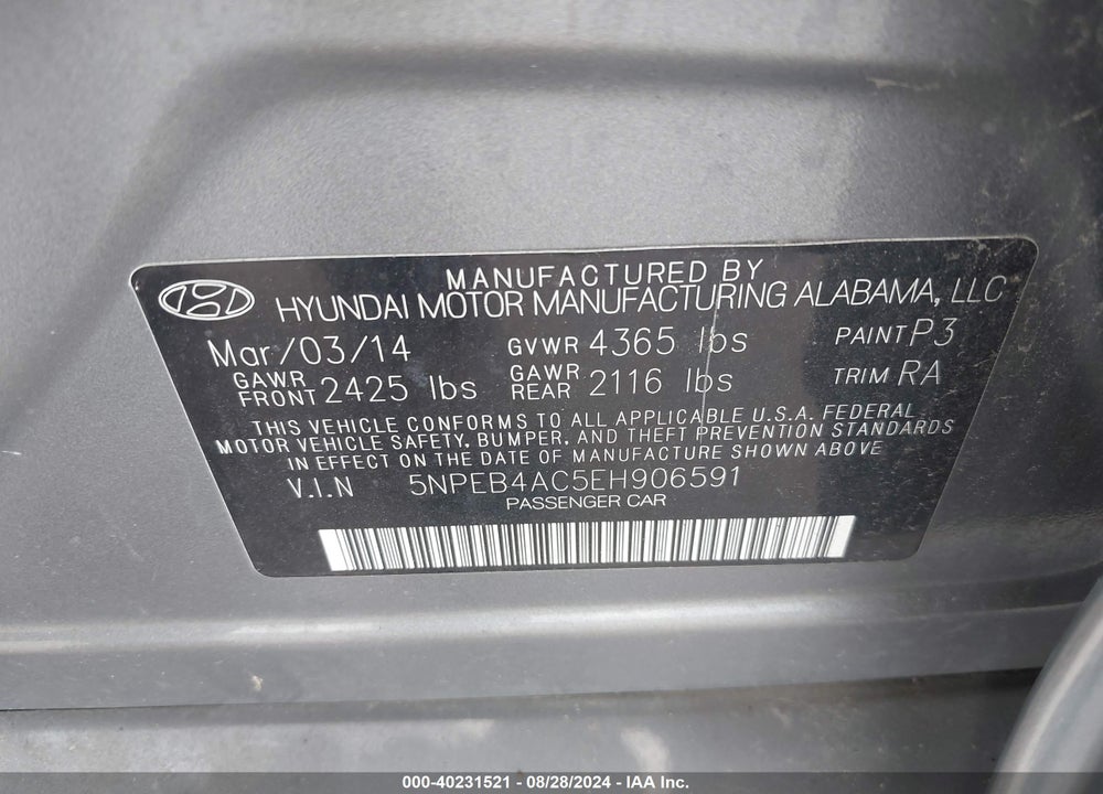 2014 HYUNDAI SONATA GLS VIN: 5NPEB4AC5EH906591