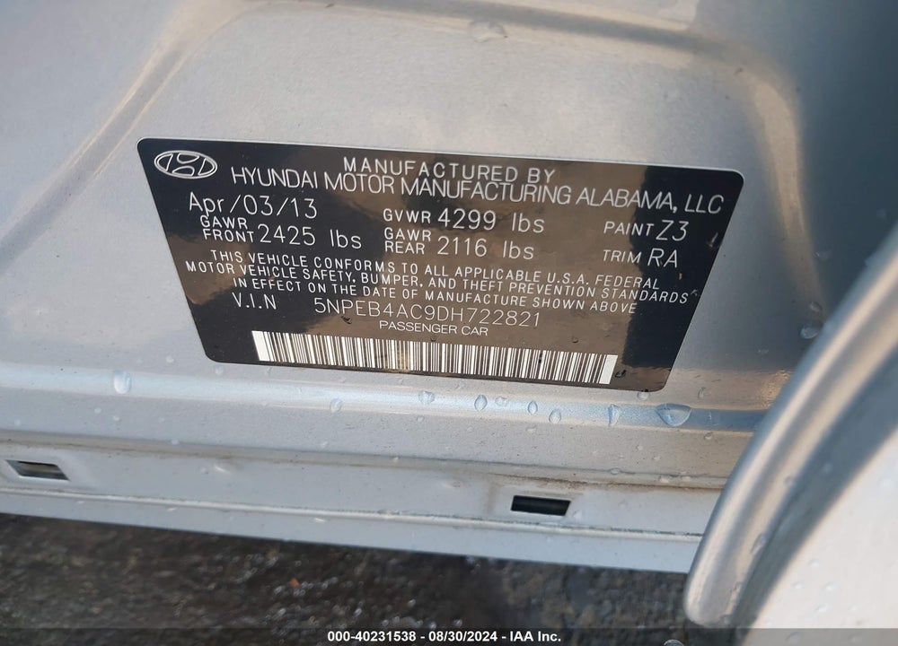 2013 HYUNDAI SONATA GLS VIN: 5NPEB4AC9DH722821