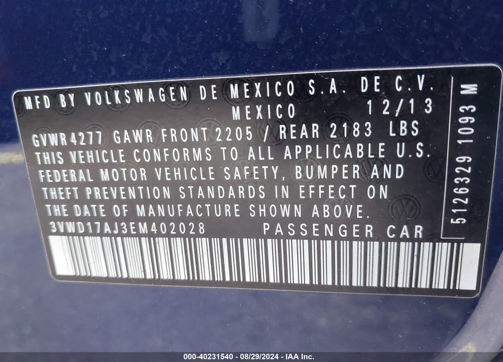 2014 VOLKSWAGEN JETTA 1.8T SE VIN: 3VWD17AJ3EM402028