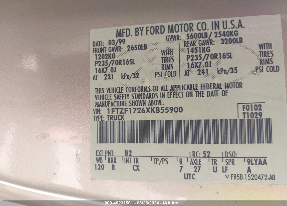 1999 FORD F-150 WORK SERIES/XL/XLT VIN: 1FTZF1726XKB55900